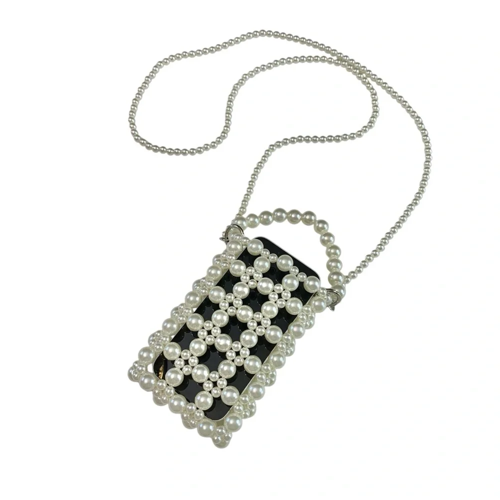 ELEGANT Faux Pearl Beaded Phone Bag with Satin Pouch